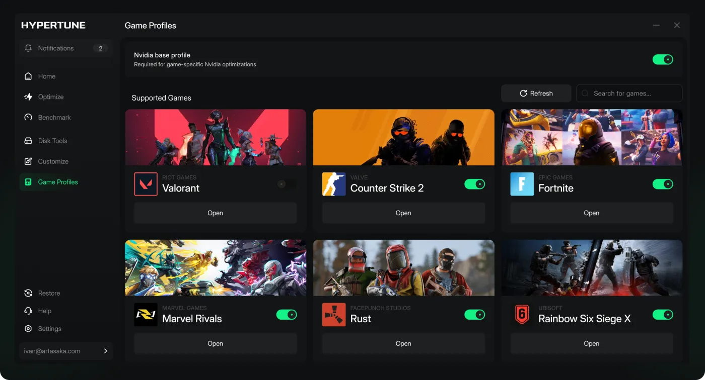Hypertune game profiles for Valorant, Counter-Strike 2, Fortnite, Marvel Rivals, Rust and Rainbow Six Siege X