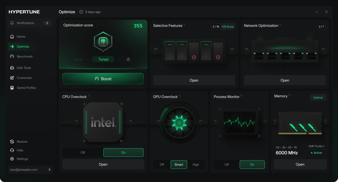 Hypertune Optimize screen with CPU Overclock, GPU Overclock, Network Optimization and Memory panels
